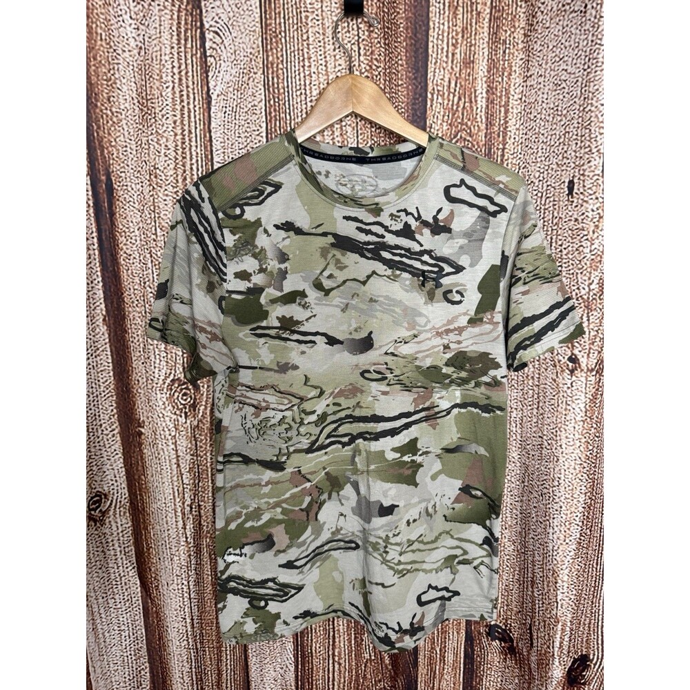 Under Armour Mens Green Camo ColdGear Short Sleeve Athletic T-shirt Size Medium
